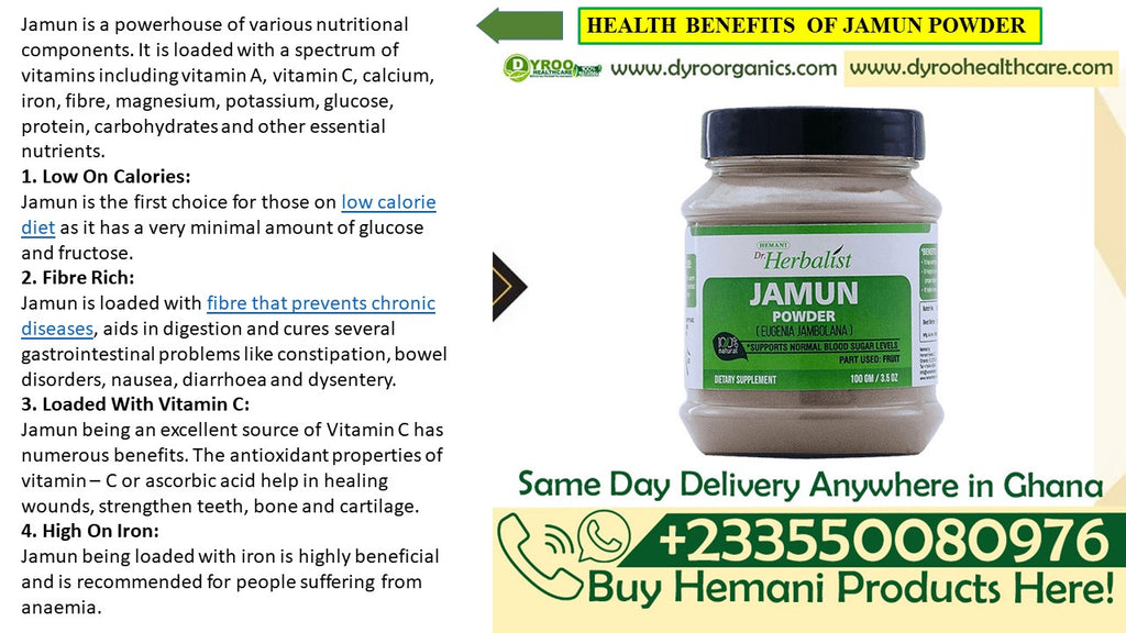 Organic Jamun powder by Dyroo Naturals in a 100g package, finely ground dark purple herbal powder for health and wellness.