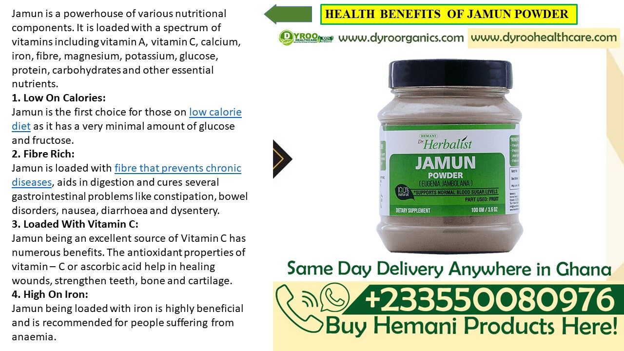 Organic Jamun powder by Dyroo Naturals in a 100g package, finely ground dark purple herbal powder for health and wellness.