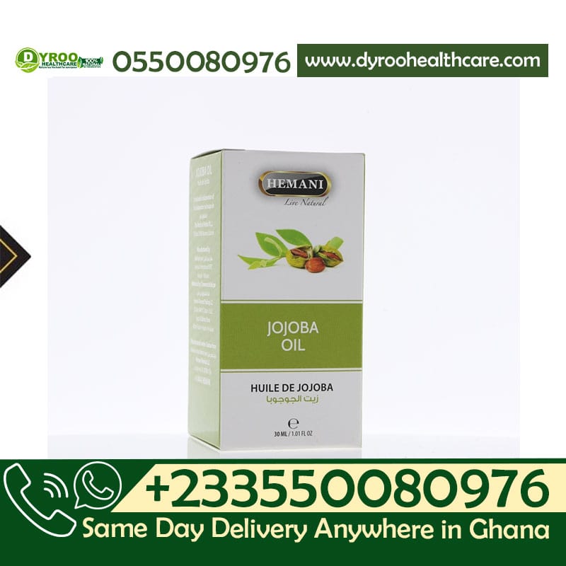 Dyroo Naturals Hemani Jojoba Oil 30ml bottle, clear glass container with dropper for natural skin and hair care.