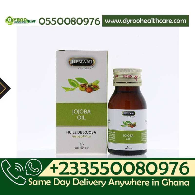 Dyroo Naturals Hemani Jojoba Oil 30ml bottle, natural oil for skin and hair care, with a clear glass container and golden liquid inside.