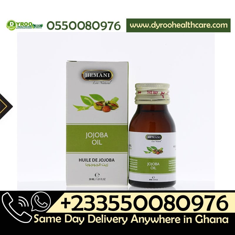 Dyroo Naturals Hemani Jojoba Oil 30ml bottle, natural skincare oil with a clear liquid appearance, in a small dropper bottle.