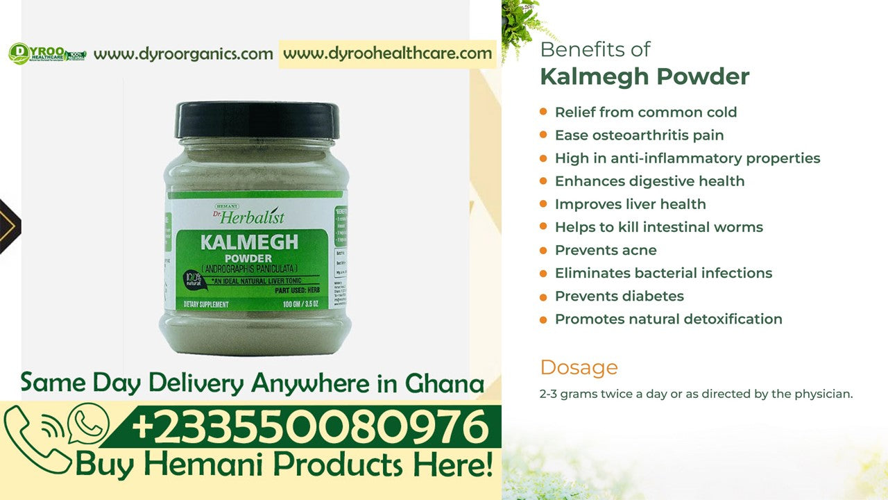 Organic Dr Herbalist Kalmegh Powder by Dyroo Naturals in a 100g package, showcasing the fine green powder in a clear container.