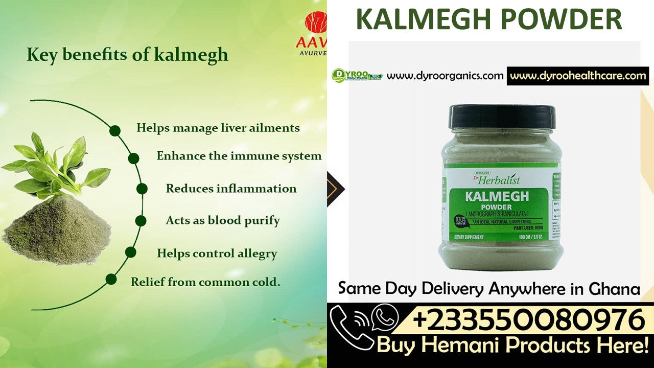 Organic Dr Herbalist Kalmegh Powder by Dyroo Naturals in a 100g package, shown in a clear image of the green powder in a jar.