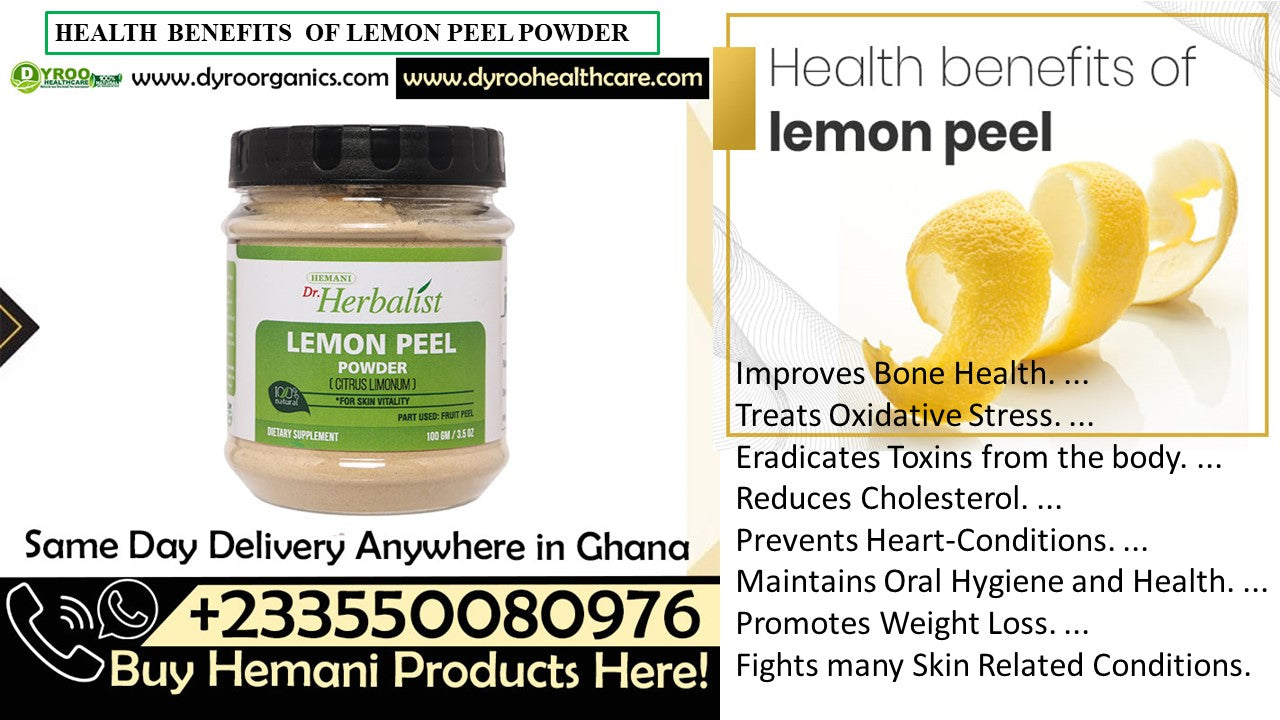 Organic lemon peel powder by Dyroo Naturals, 100g package, showing bright yellow lemon peel powder in a clear container.