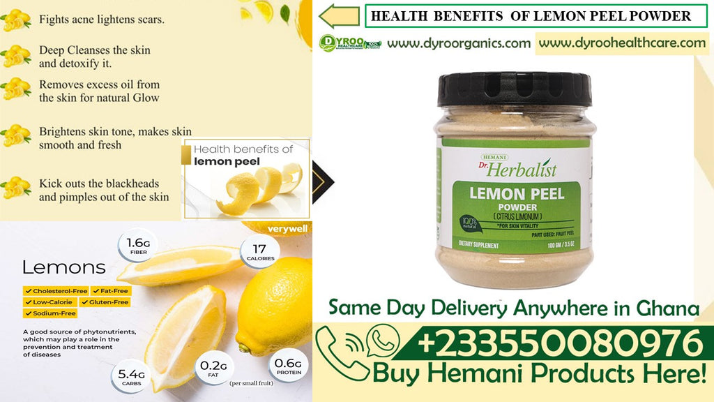 Organic lemon peel powder by Dyroo Naturals, 100g jar, showing fresh dried lemon peel for herbal and culinary use.