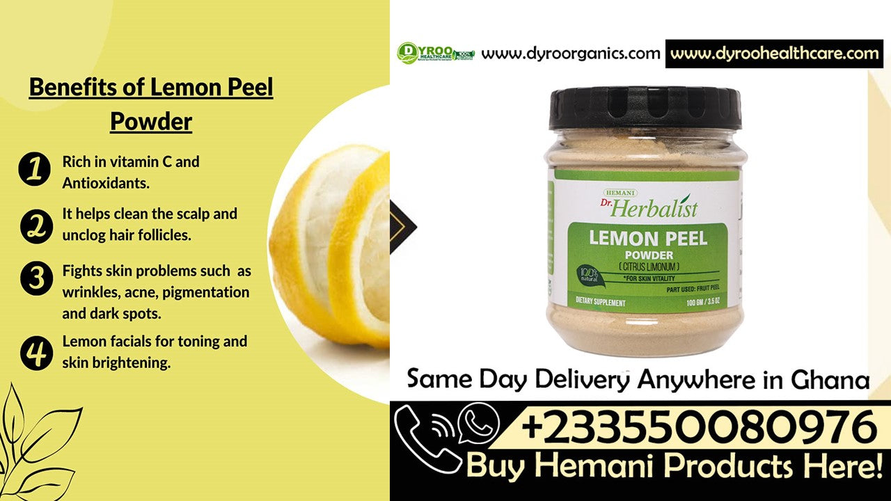 Organic lemon peel powder by Dyroo Naturals, 100g, showing fine yellow citrus peel powder in a clear container.