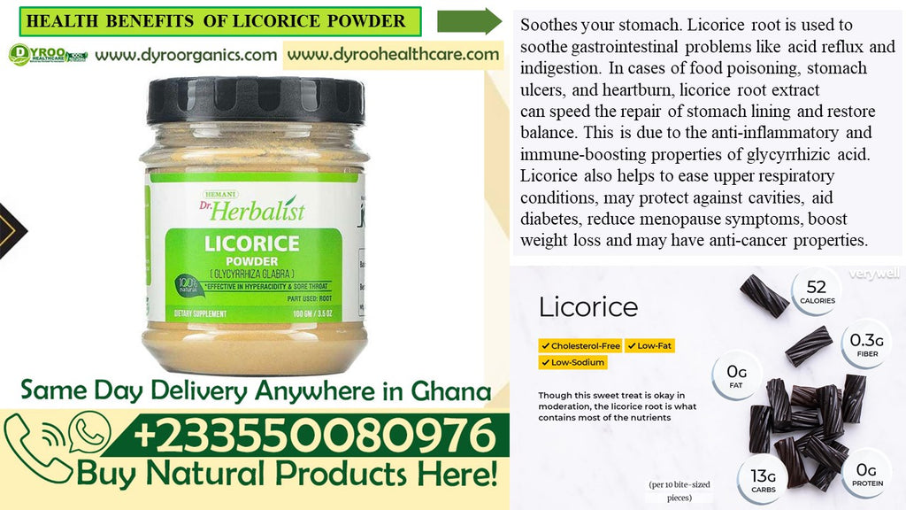Organic licorice powder by Dyroo Naturals, 100g package, light brown fine powder for herbal remedies and natural health.