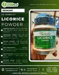 Organic licorice powder in a clear container, showing the fine, light brown herbal powder from Dyroo Naturals.