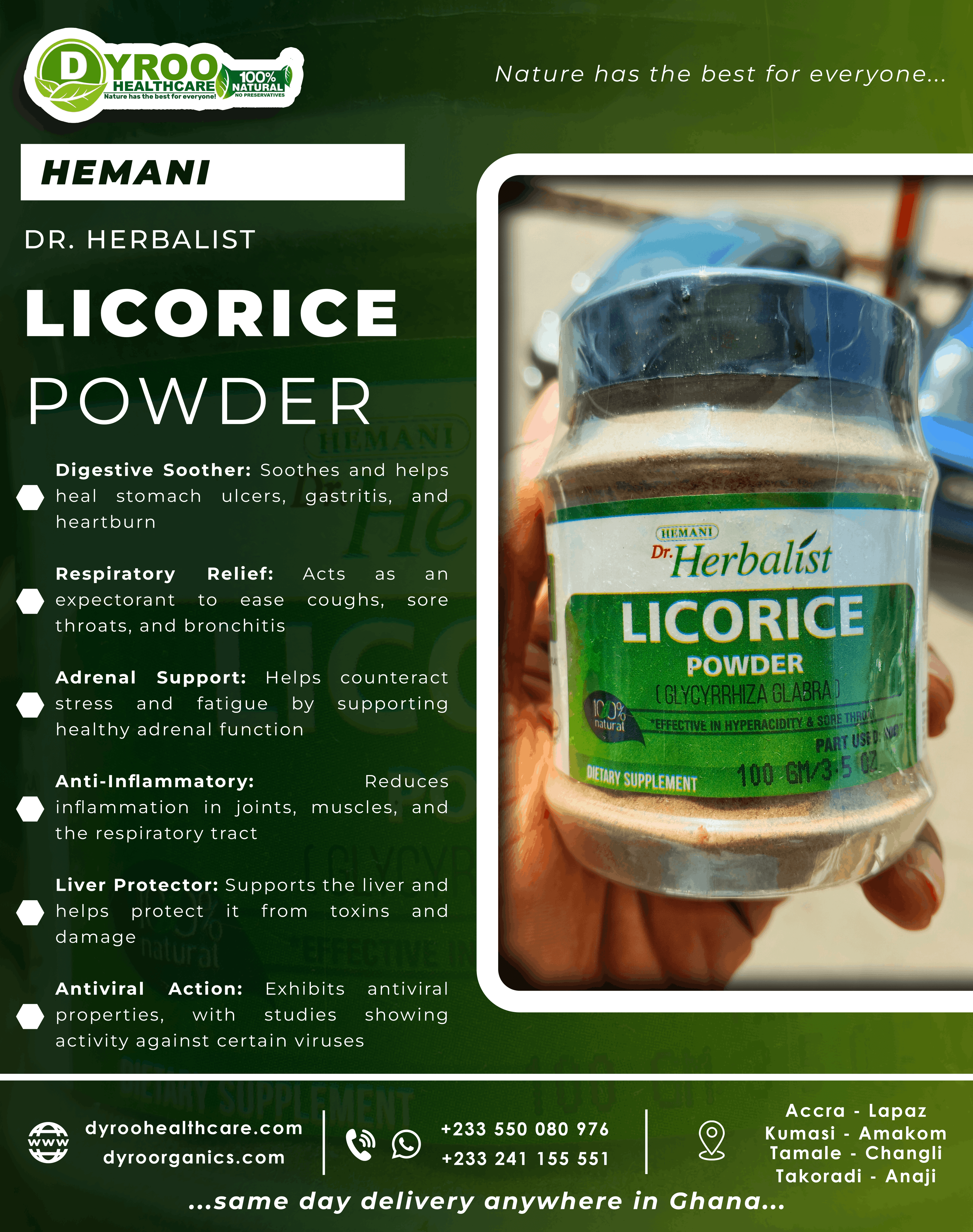 Organic licorice powder in a clear container, showing the fine, light brown herbal powder from Dyroo Naturals.