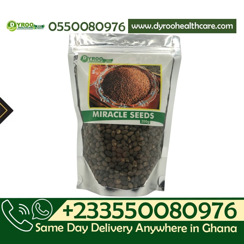 Raw organic miracle seeds from Dyroo Naturals in a 200g package, showcasing small, green seed clusters on a white background.