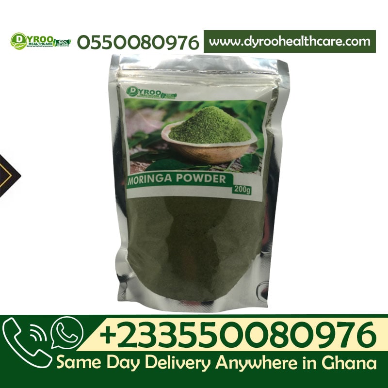 Organic Moringa powder by Dyroo Naturals, 200g, in a clear jar with a green label, showcasing the vibrant green powder inside.