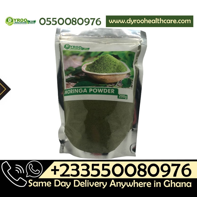 Organic Moringa powder by Dyroo Naturals in a 200g package, displayed in a clear container on a natural background.