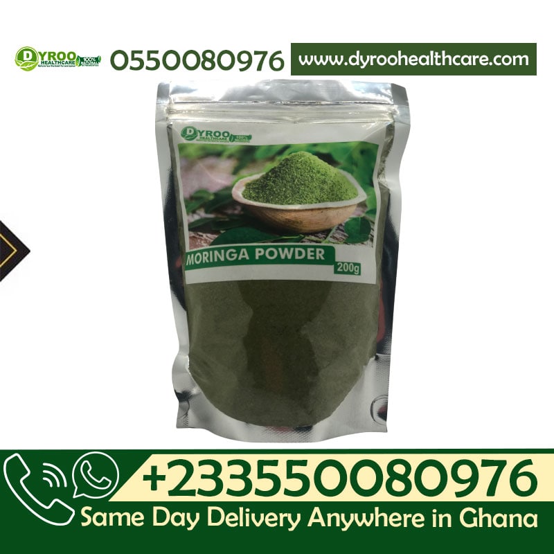 Organic Moringa powder in a 200g package by Dyroo Naturals, showcasing vibrant green Moringa powder in a clear container.