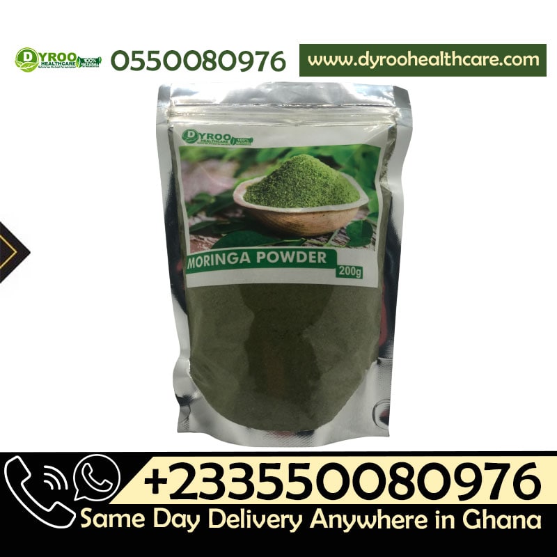 Organic Moringa powder by Dyroo Naturals in a resealable bag, showcasing bright green, finely ground powder on a white background.