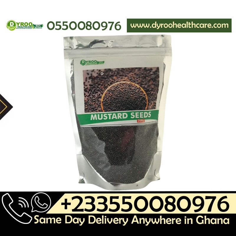 Organic mustard seeds in a 200g package from Dyroo Naturals, showing small, round, yellow seeds on a neutral background.