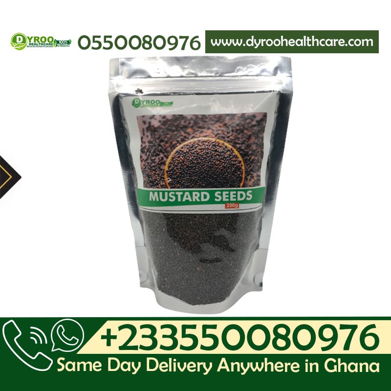 Organic mustard seeds in a 200g package from Dyroo Naturals, showing small, round, yellowish seeds in a clear container.