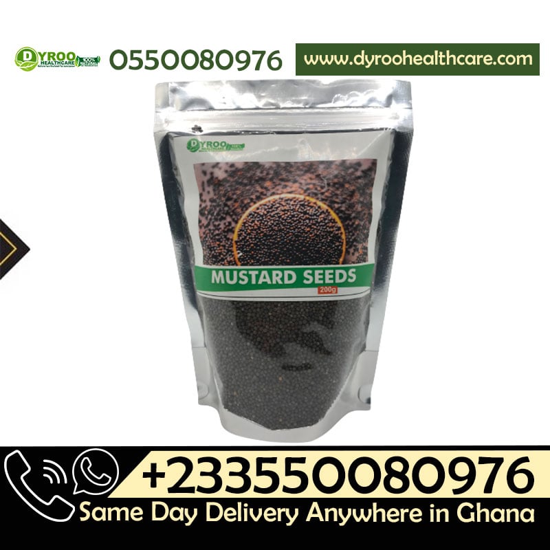 Raw organic mustard seeds in a 200g pack from Dyroo Naturals, showing small, round, yellowish seeds in a clear container.