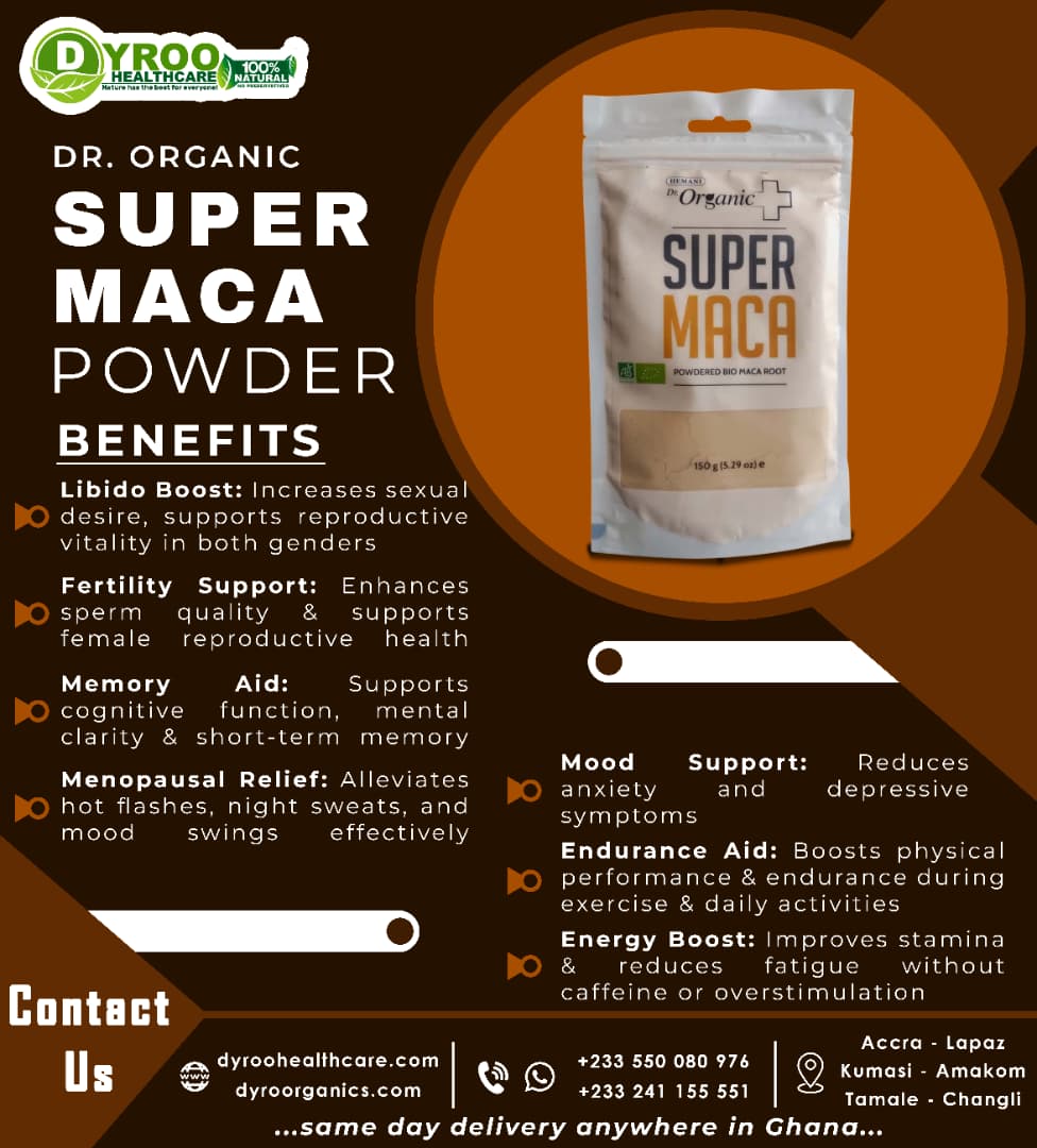 Organic Dyroo Naturals Super Maca Powder 150g in a resealable pouch, showing the light brown powdered supplement.