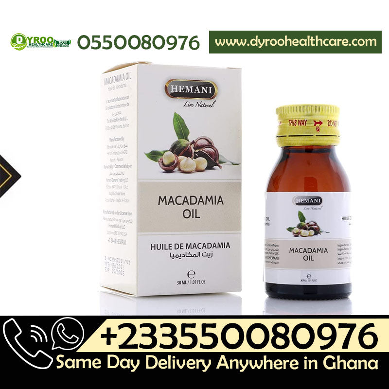 Dyroo Naturals Hemani Macadamia Oil 30ml bottle showing clear glass container with golden oil, natural and nourishing for skin and hair.