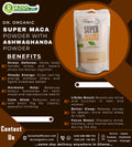 Organic Super Maca with Ashwagandha powder by Dyroo Naturals, showing a clear image of the 200g organic powder in a jar.