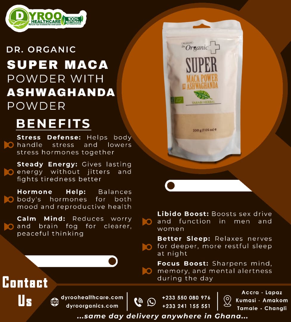 Organic Super Maca with Ashwagandha powder by Dyroo Naturals, showing a clear image of the 200g organic powder in a jar.