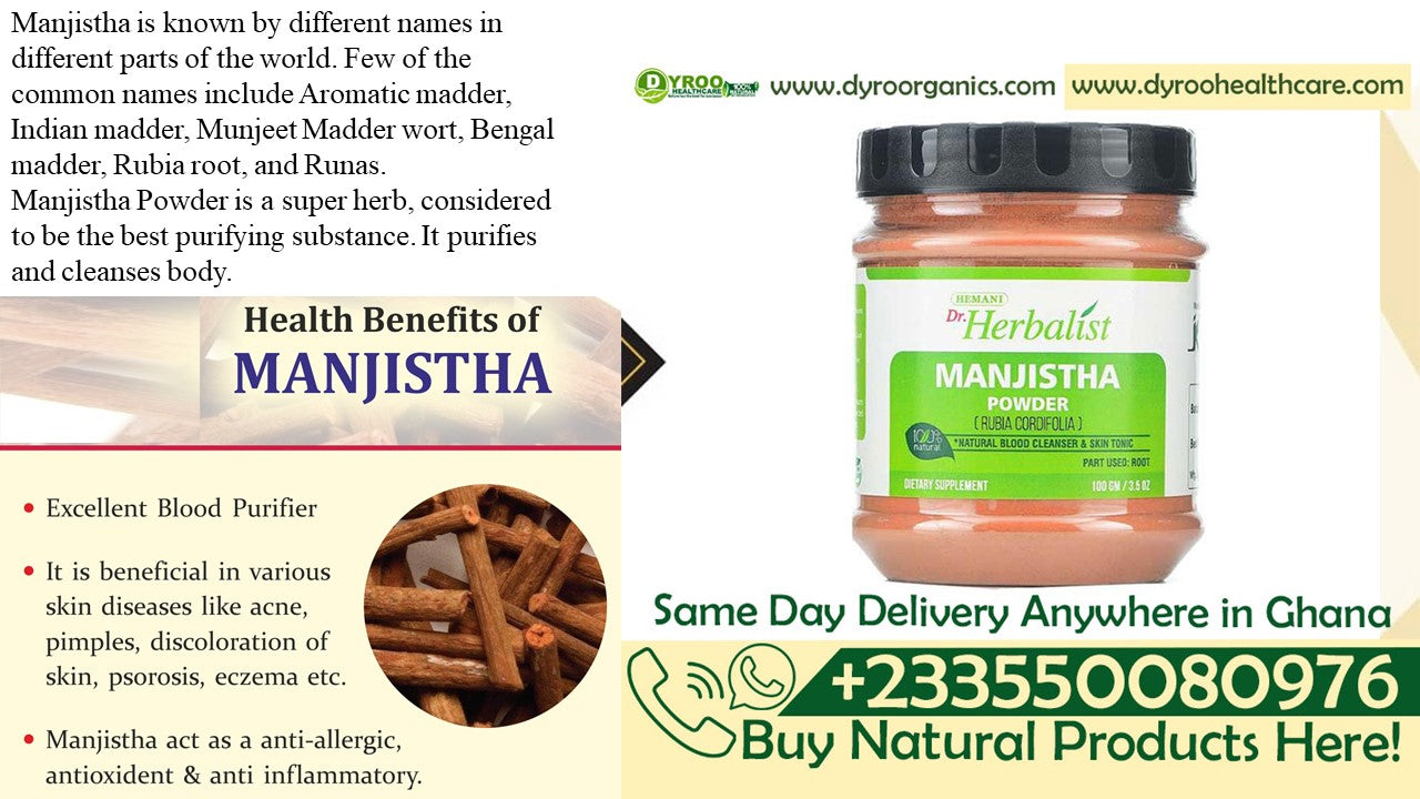 Organic Manjistha powder by Dyroo Naturals in a 100g package, showing fine red powder in a clear container.