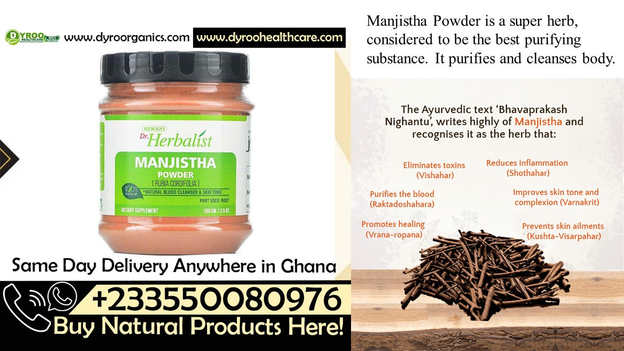 Organic Manjistha powder by Dyroo Naturals in a 100g package, fine red powder used for skin and herbal remedies.