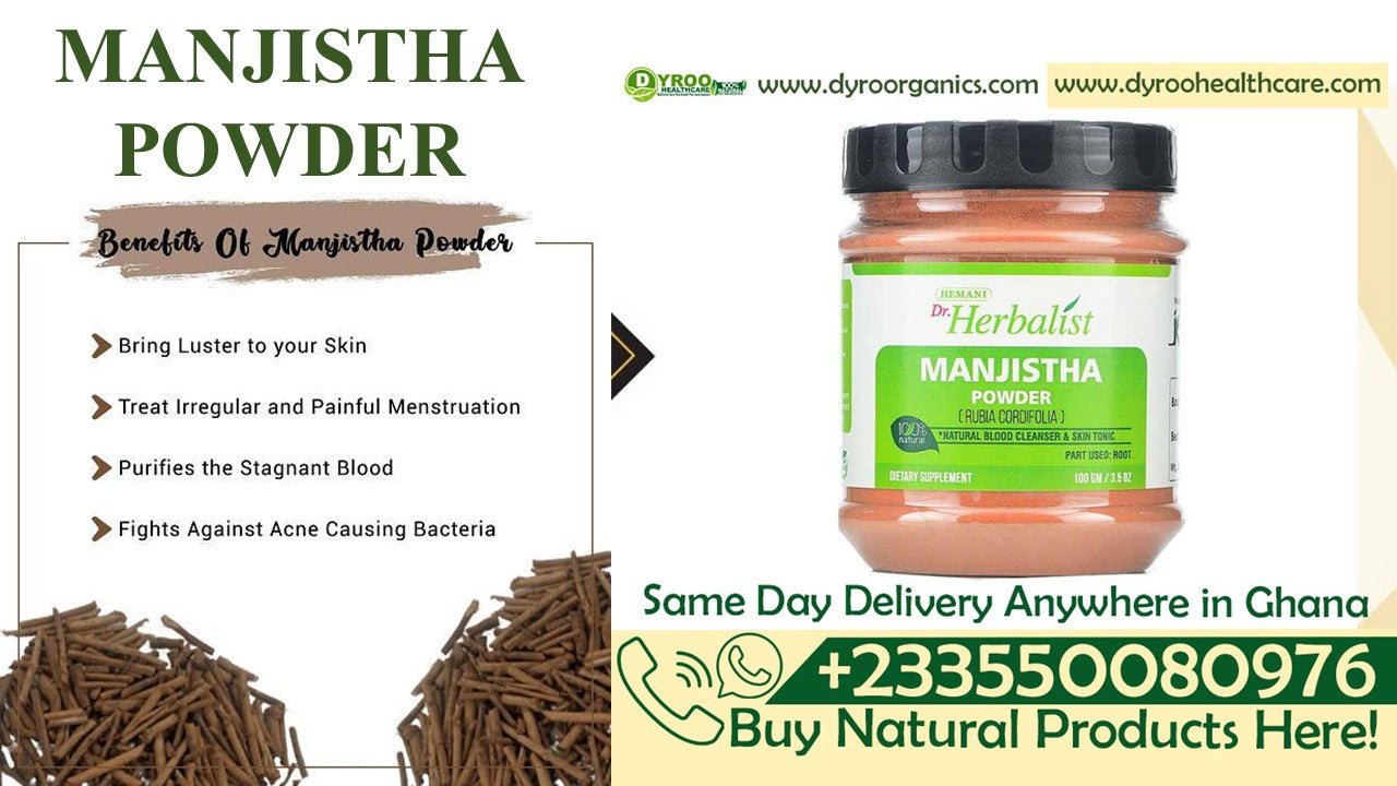 Organic Manjistha powder in a jar from Dyroo Naturals, showing fine red powder in a clear container for skincare and herbal use.