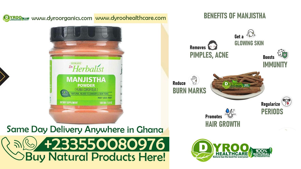 Organic Manjistha powder from Dyroo Naturals, 100g, showing a close-up of the vibrant red powder in a glass jar.