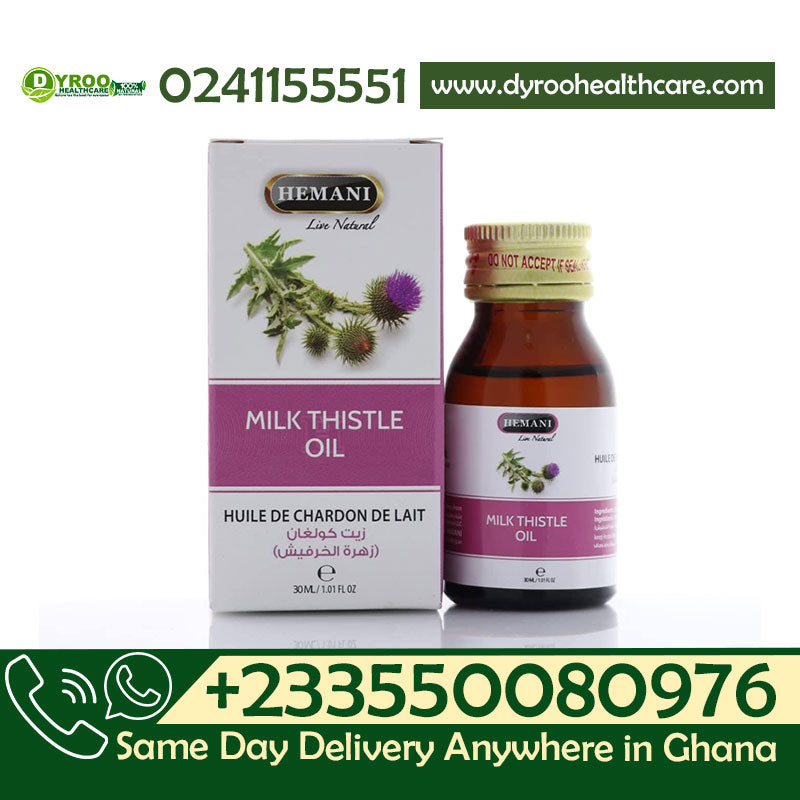 Dyroo Naturals Hemani Milk Thistle Oil 30ml bottle, natural oil with a dark glass container and label, used for health and wellness.