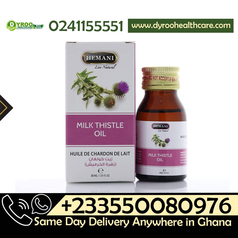 Bottle of Dyroo Naturals Hemani Milk Thistle Oil 30ml in a clear glass bottle with a white label, natural oil inside.