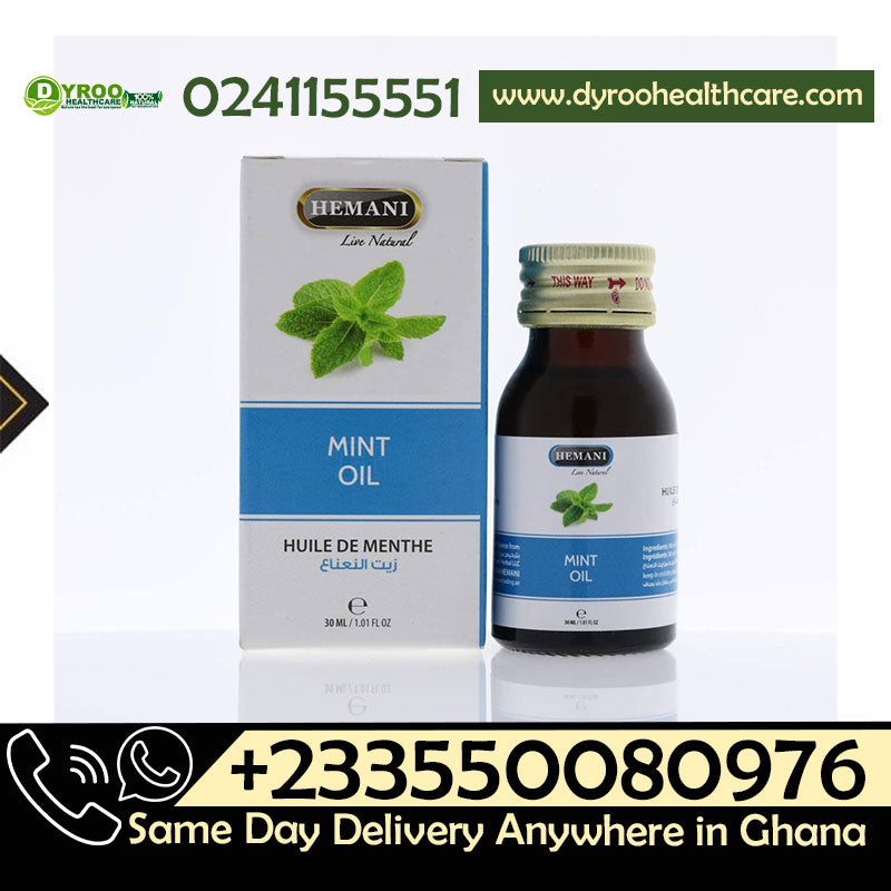 Dyroo Naturals Hemani Mint Oil 30ml bottle, natural herbal oil with fresh mint leaves and clear liquid inside.