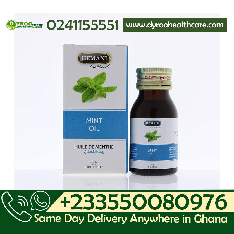 Dyroo Naturals Hemani Mint Oil 30ml bottle, natural herbal oil with fresh mint leaves and a dropper for aromatic use.