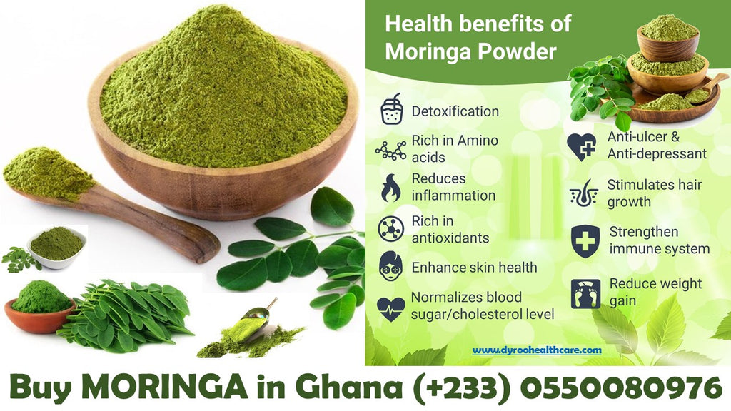 Organic Moringa powder in a 200g package by Dyroo Naturals, showing the raw green powder in a clear bowl.