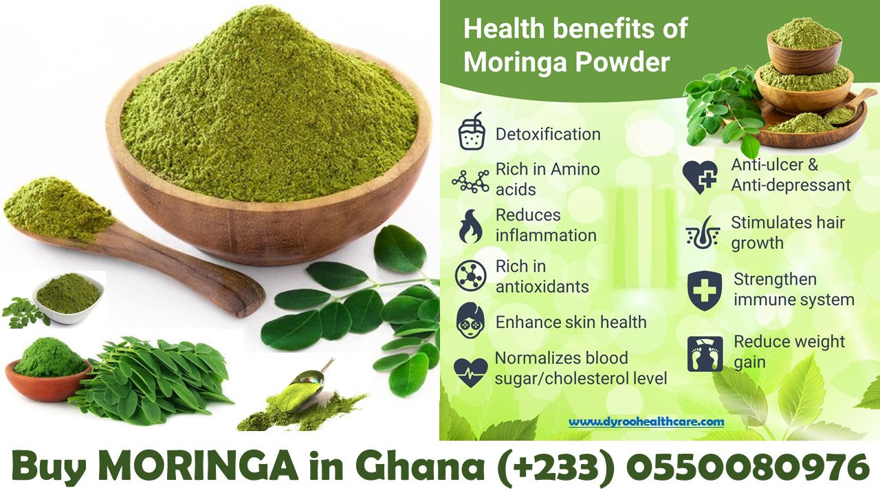 Organic Moringa powder in a 200g package by Dyroo Naturals, showing the raw green powder in a clear bowl.