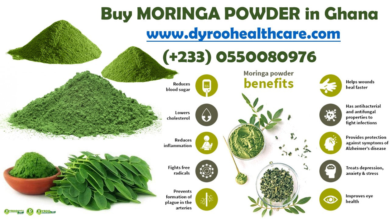 Organic Moringa powder by Dyroo Naturals in a 100g package, showing vibrant green powdered supplement in a resealable bag.