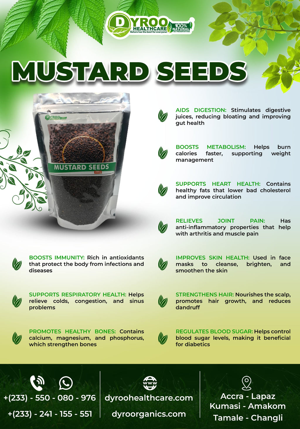 Organic mustard seeds from Dyroo Naturals, 200 grams, showing raw mustard seeds with green and yellow hues in a natural setting.