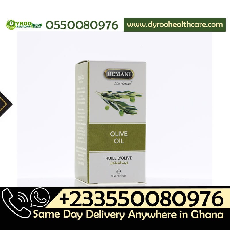 Dyroo Naturals Hemani Olive Oil 30ml bottle, natural oil with a clear glass container, golden liquid visible inside.