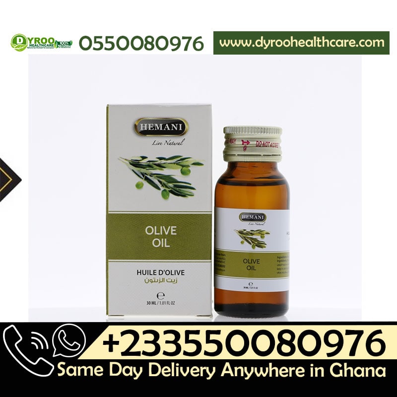 Dyroo Naturals Hemani Olive Oil 30ml bottle, showcasing clear glass container with golden olive oil inside, natural and pure.