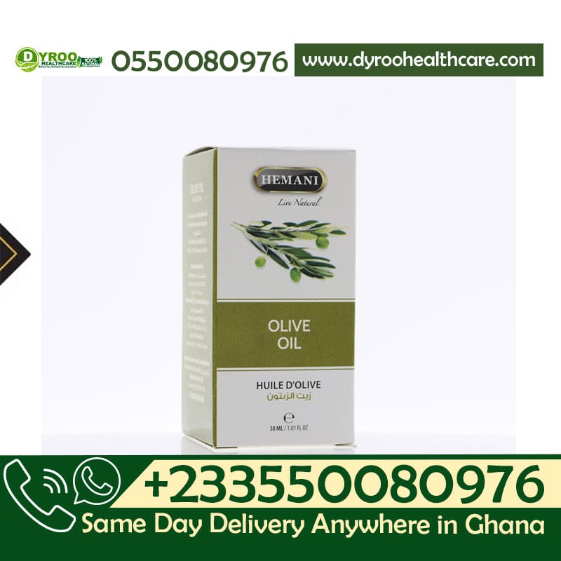 Dyroo Naturals Hemani olive oil in a 30ml bottle, showcasing clear golden natural oil in a glass container.