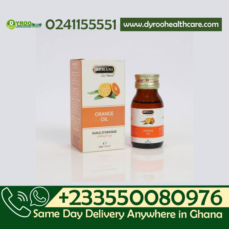 Dyroo Naturals Hemani Orange Oil 30ml, natural citrus essential oil in a clear glass bottle with orange label.