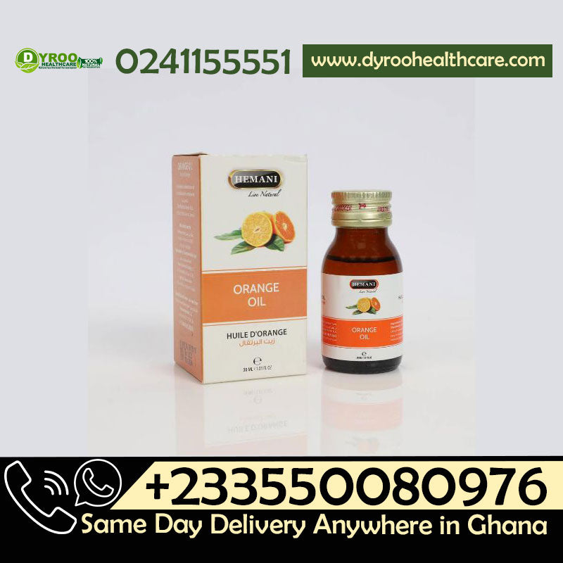 Dyroo Naturals Hemani Orange Oil 30ml in a clear glass bottle, showcasing vibrant orange liquid for natural aromatherapy and skincare.