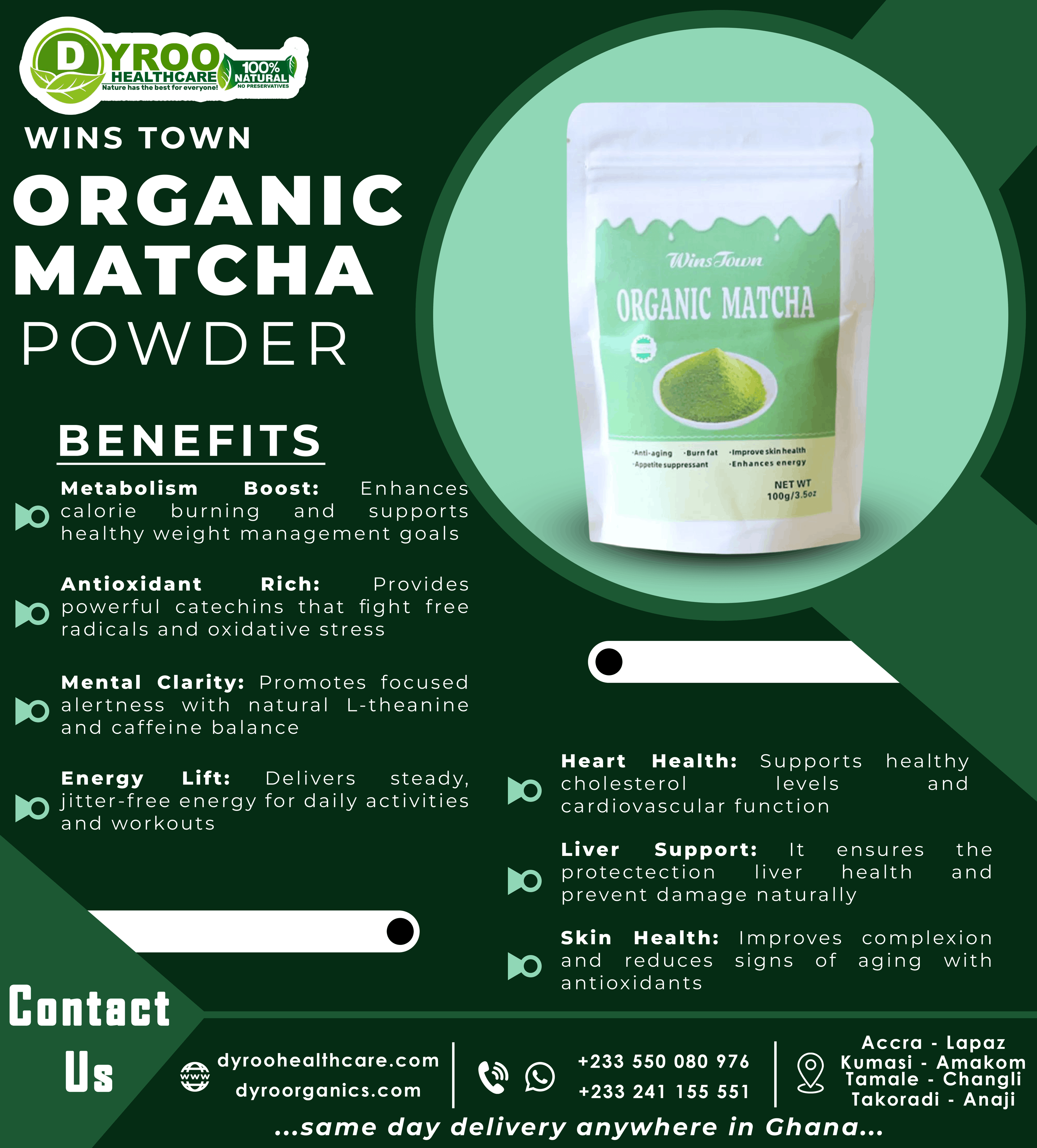 Organic Dyroo Naturals Matcha Powder 100g in a green container, finely ground vibrant green tea powder for beverages and recipes.