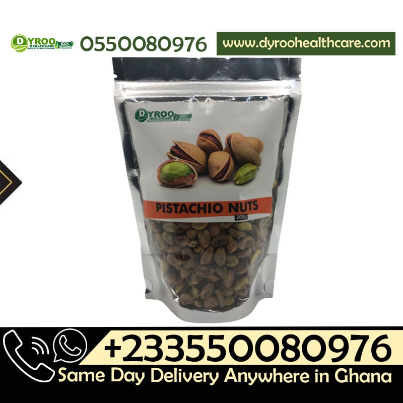 Raw organic pistachio nuts from Dyroo Naturals in a 200-gram package, shown in a close-up image.