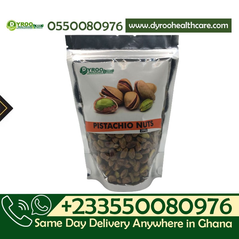 Raw organic pistachio nuts in a bowl, 200 grams, from Dyroo Naturals, showcasing green and beige shelled pistachios on a white background.