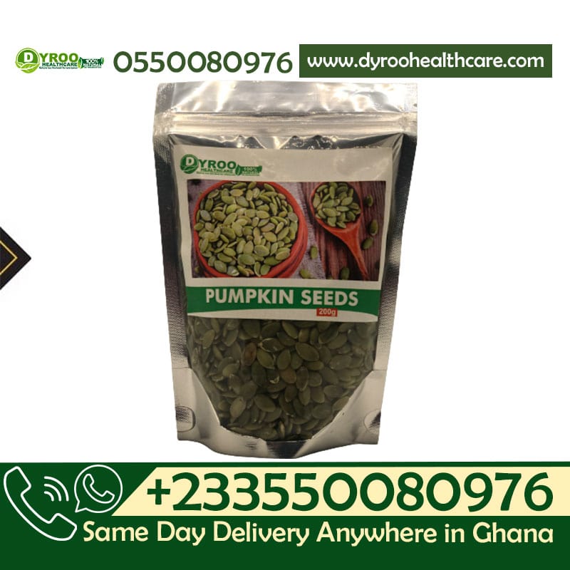 Raw organic pumpkin seeds in a 200g pack by Dyroo Naturals, shown in a close-up image with seeds spilling from the bag.