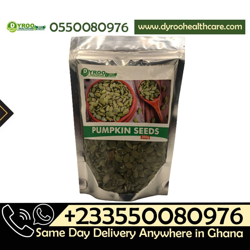 Raw organic pumpkin seeds in a 200-gram package from Dyroo Naturals, showing fresh, green pumpkin seeds ready for snacking or cooking.