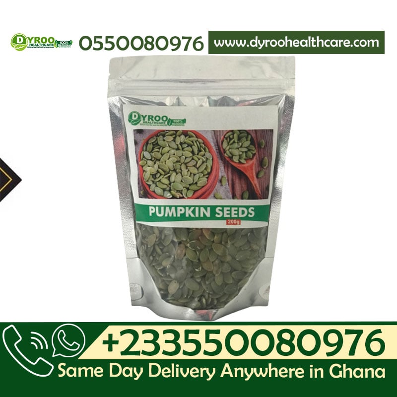 Raw organic pumpkin seeds in a 200g bag from Dyroo Naturals, showing fresh green seeds with shells.