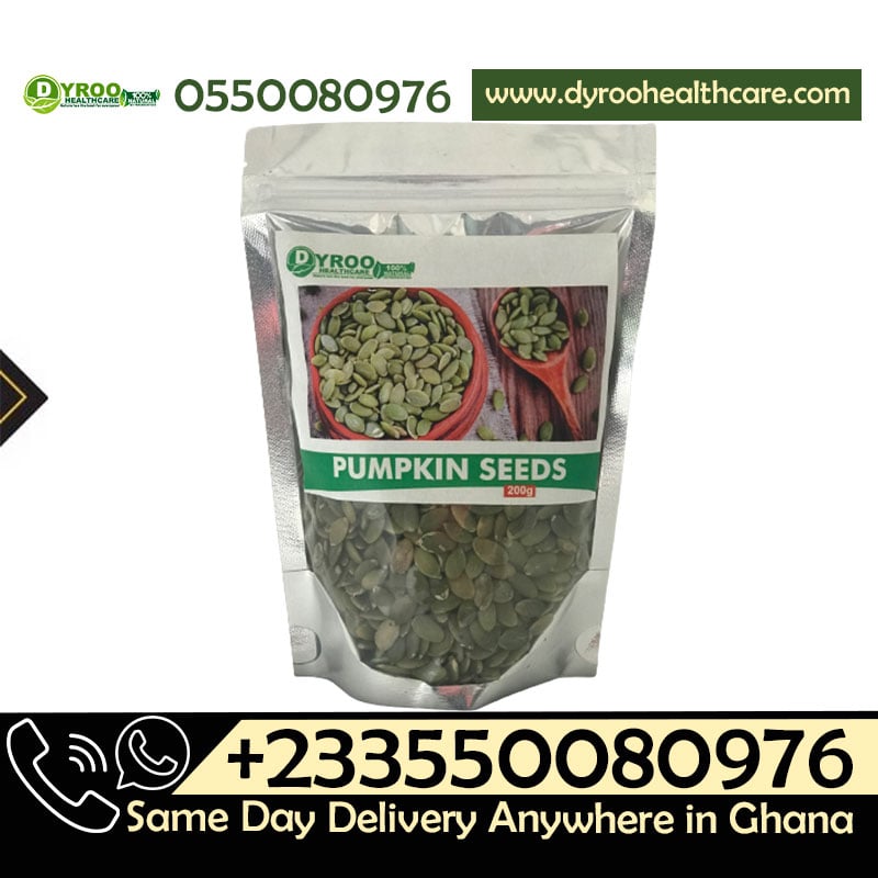 Raw organic pumpkin seeds in a 200g bag from Dyroo Naturals, with close-up of green seeds in a rustic bowl.