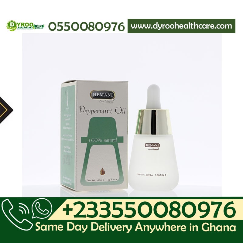 Dyroo Naturals Hemani Peppermint Oil 40ml bottle with a clear label, showing fresh peppermint leaves beside the oil.